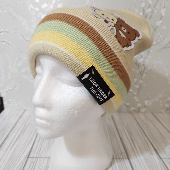 NWOT Rilakkuma Beige Striped San-X Bear Patch Knit Beanie Women's OS - Picture 1 of 7